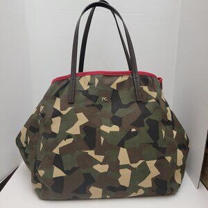 PG Purificacion Garcia canvas camo Jumbo tote bag lined double leather handles